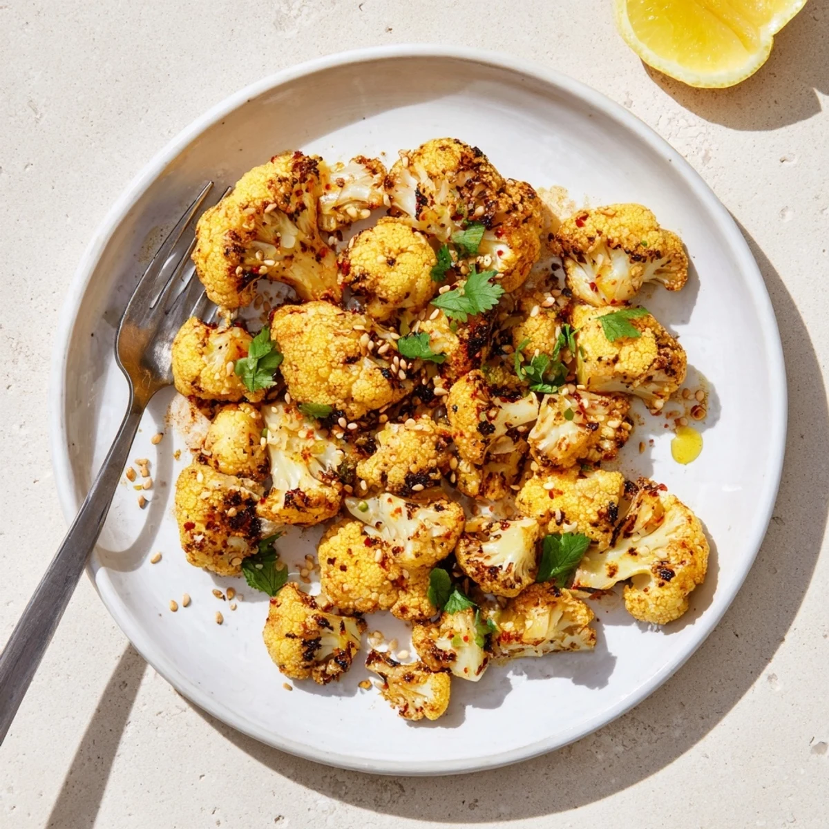 Golden roasted cauliflower florets coated in turmeric and spices, garnished with fresh cilantro and sesame seeds on a platter.