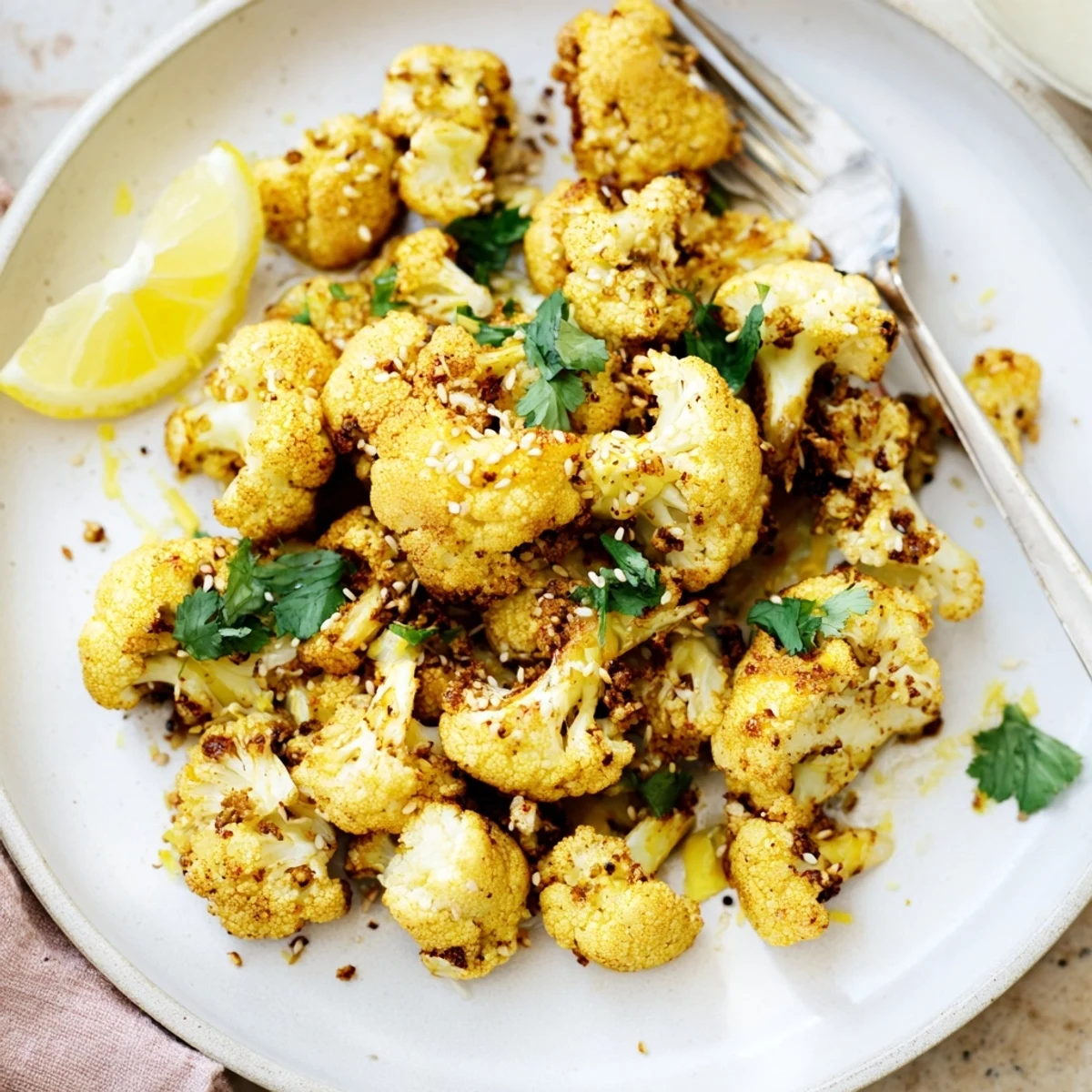 Roasted cauliflower with turmeric, served warm and garnished with cilantro and toasted sesame seeds for extra flavor.