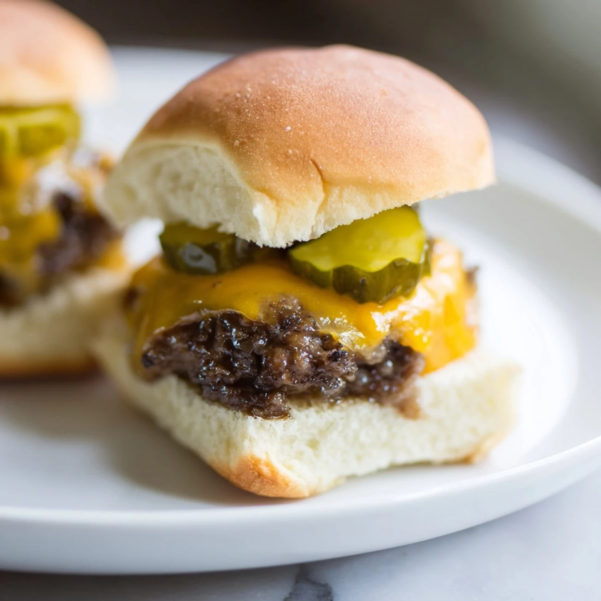 Freshly grilled Beef Sliders with Cheese and Pickles stacked high, topped with tangy pickles and served alongside crispy fries.