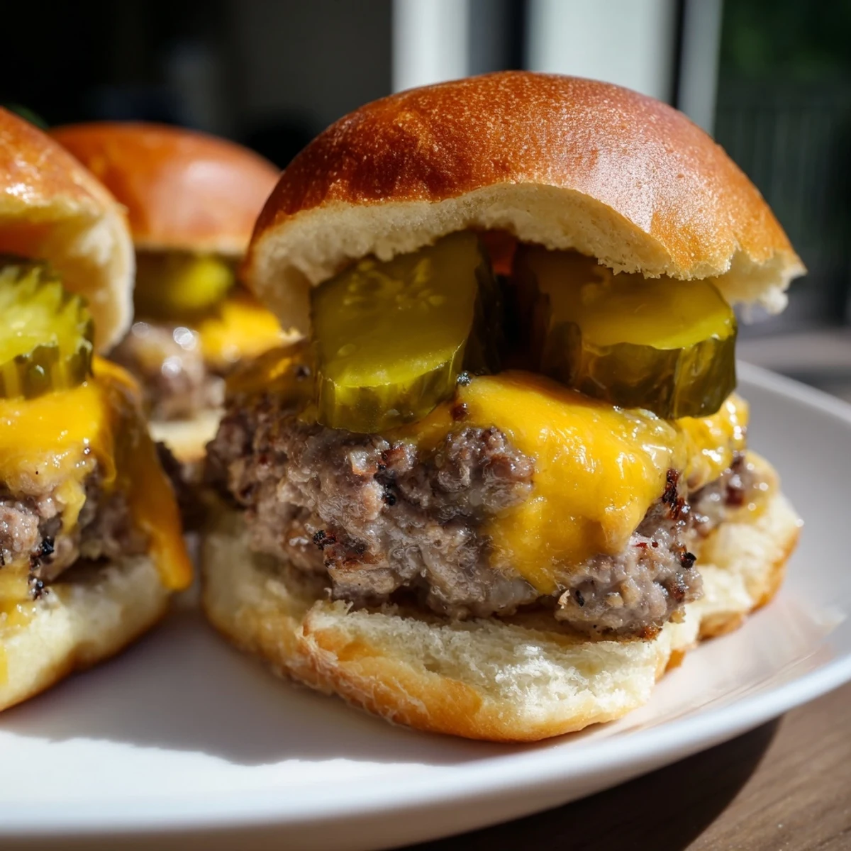 Juicy Beef Sliders with Cheese and Pickles displayed on a rustic platter with golden toasted buns and melted cheddar.