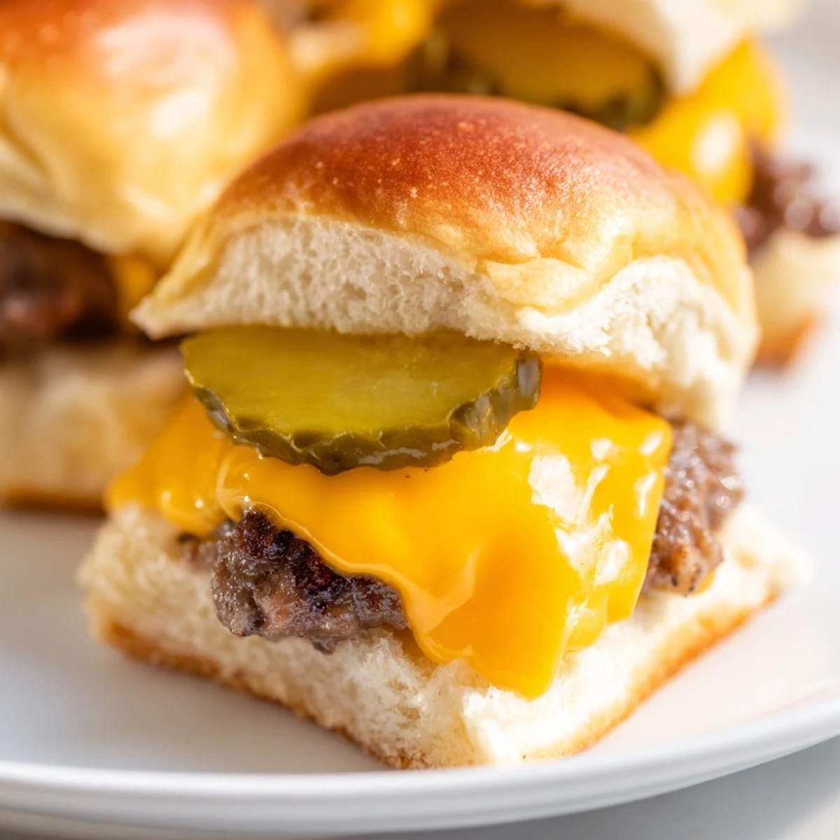 Homemade Beef Sliders with Cheese and Pickles feature mini patties with oozing cheese and dill pickles on soft buns.