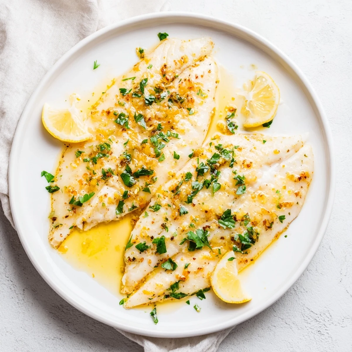 Golden-brown baked tilapia fillets glistening with a velvety lemon butter sauce and fresh parsley, served on a white plate.