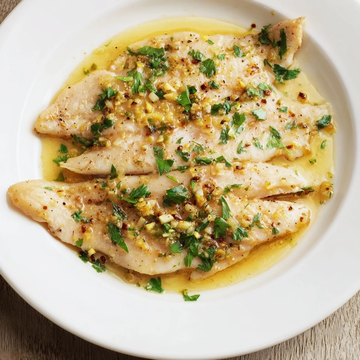 A close-up of tender baked tilapia with a glossy lemon butter glaze, ready to serve with steamed vegetables.