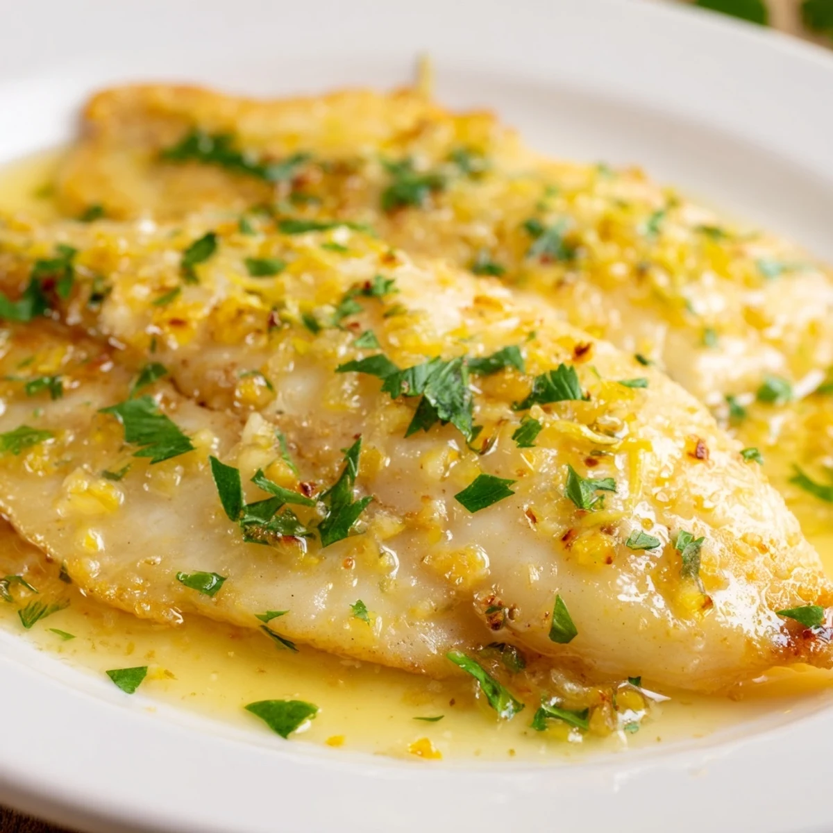 Flaky white fish topped with bright lemon butter sauce, garnished with chopped parsley and lemon wedges for a fresh taste.