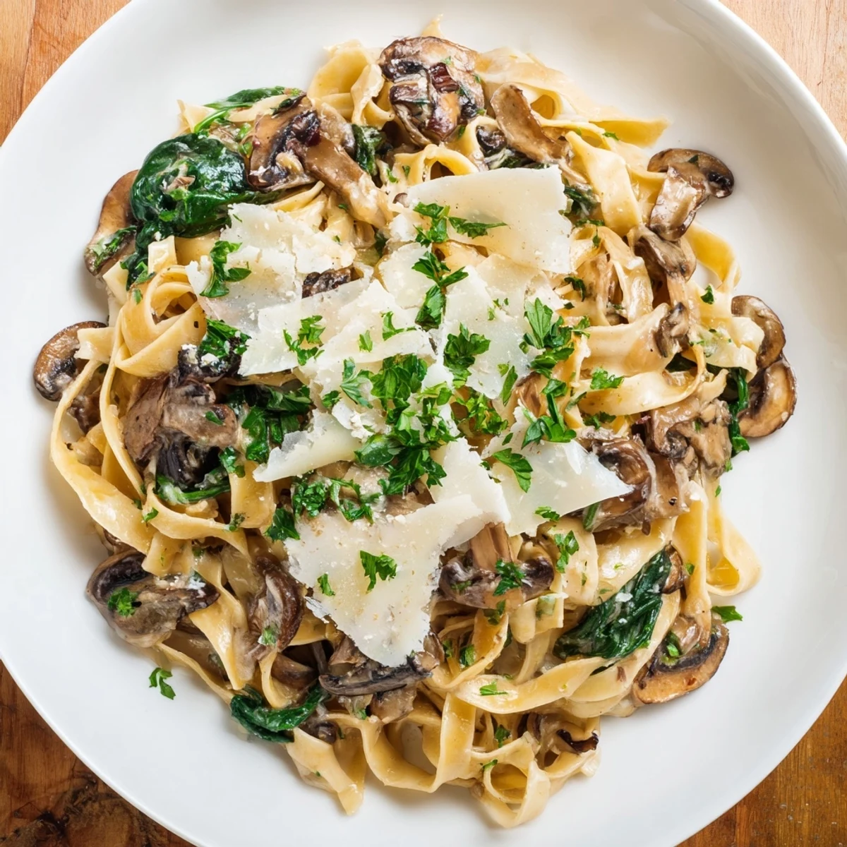 A warm skillet of Creamy Mushroom and Spinach Pasta with sautéed mushrooms and wilted spinach, perfect for weeknight dinners.