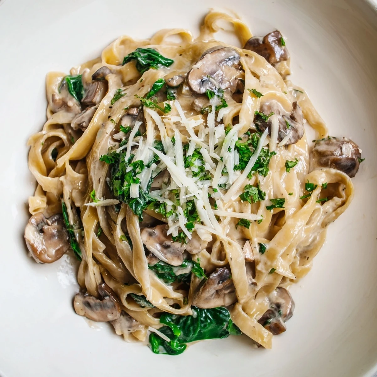 Close-up of Creamy Mushroom and Spinach Pasta garnished with extra cheese and parsley, served alongside a crisp green salad.