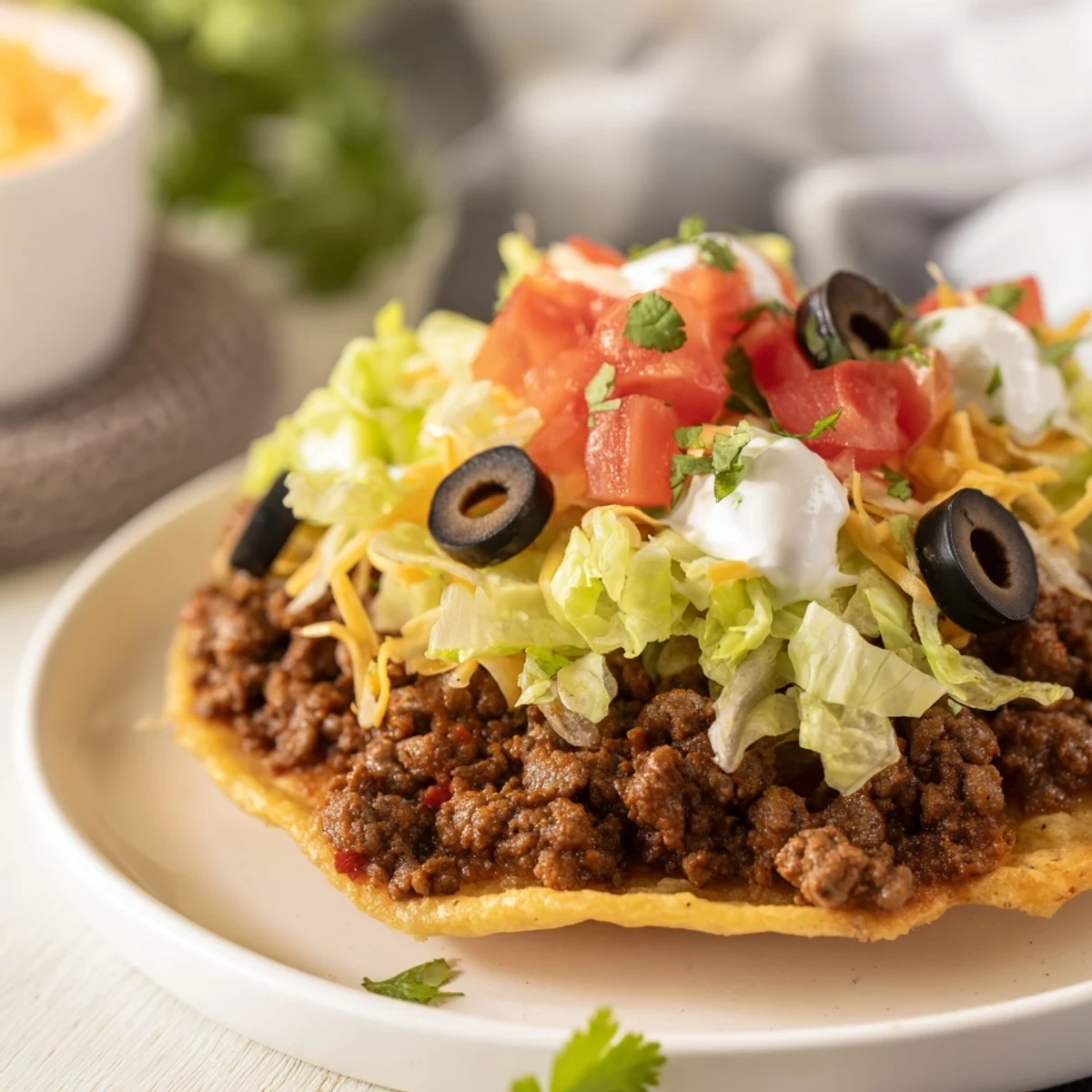 Golden hard shell Beef Tacos topped with melted cheese and cilantro for dinner.