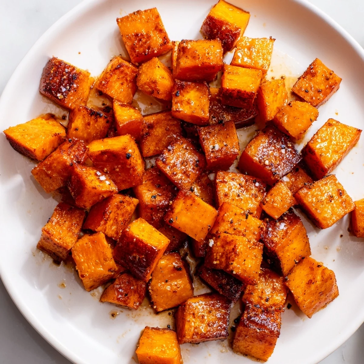 Tender Roasted Sweet Potatoes with Cinnamon tossed in olive oil and spices on a baking sheet.