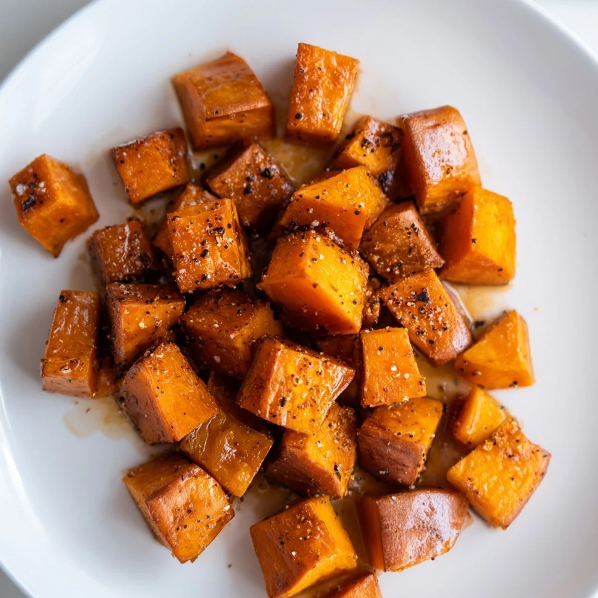 Golden, caramelized Roasted Sweet Potatoes with Cinnamon served warm from the oven on a rustic plate.