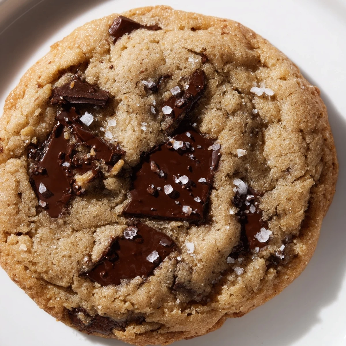Golden-brown Chocolate Chip Cookies with Sea Salt feature gooey centers, crisp edges, and sparkling flaky salt on a rustic wooden board.