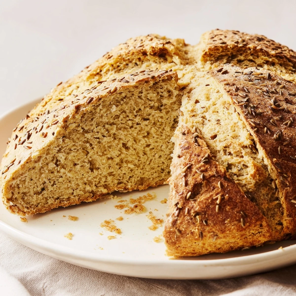 Freshly baked Irish Soda Bread with Caraway on a wooden board, showcasing a golden crust and visible caraway seeds.