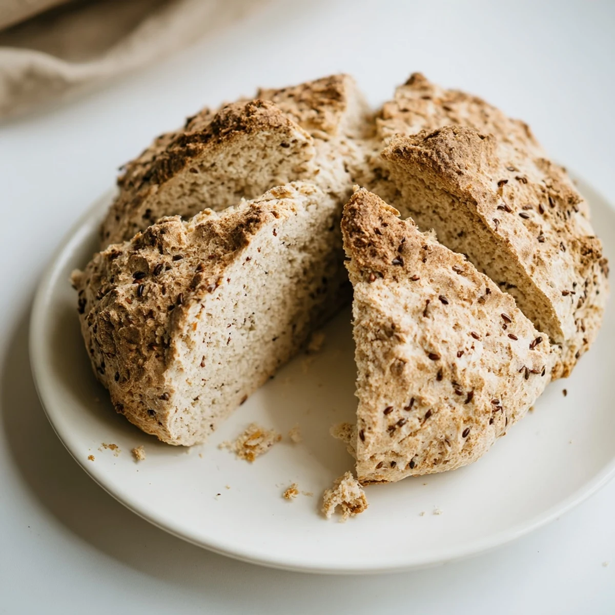 Close-up of a golden-brown Irish Soda Bread with Caraway loaf, featuring a deep X cut on top and rustic texture.