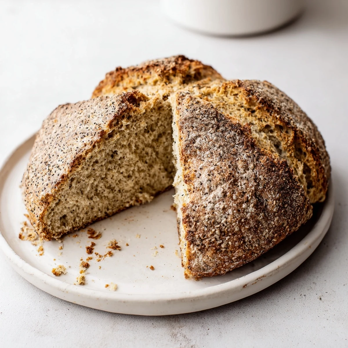 A rustic, lightly buttered slice of Irish Soda Bread with Caraway pairs perfectly with steaming soup for a cozy meal.