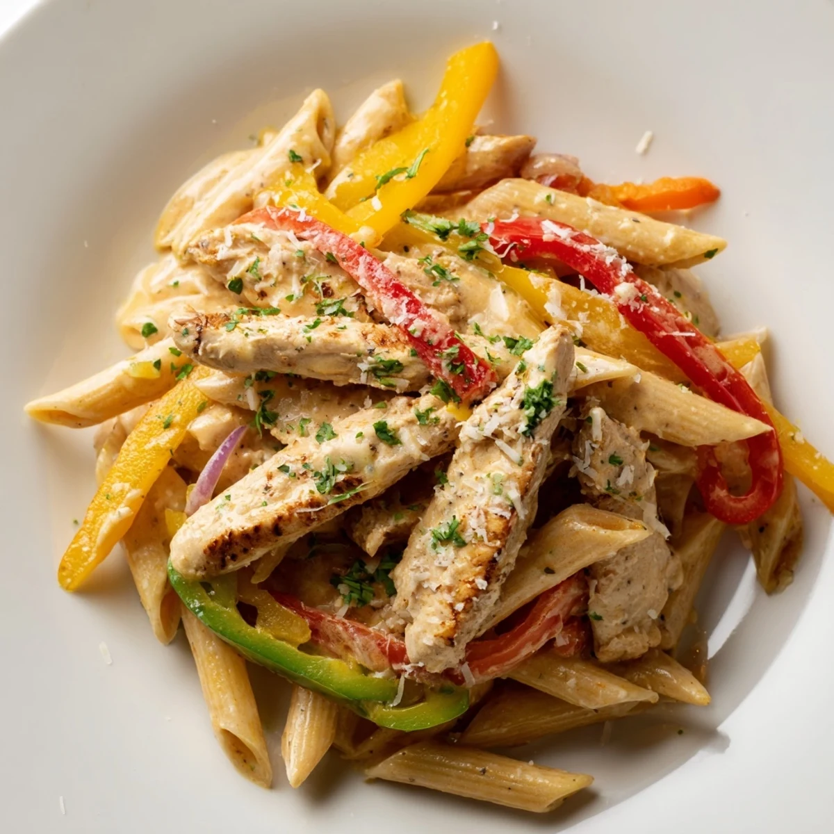 Tender Cajun chicken strips and colorful bell peppers tossed in creamy sauce over penne pasta.