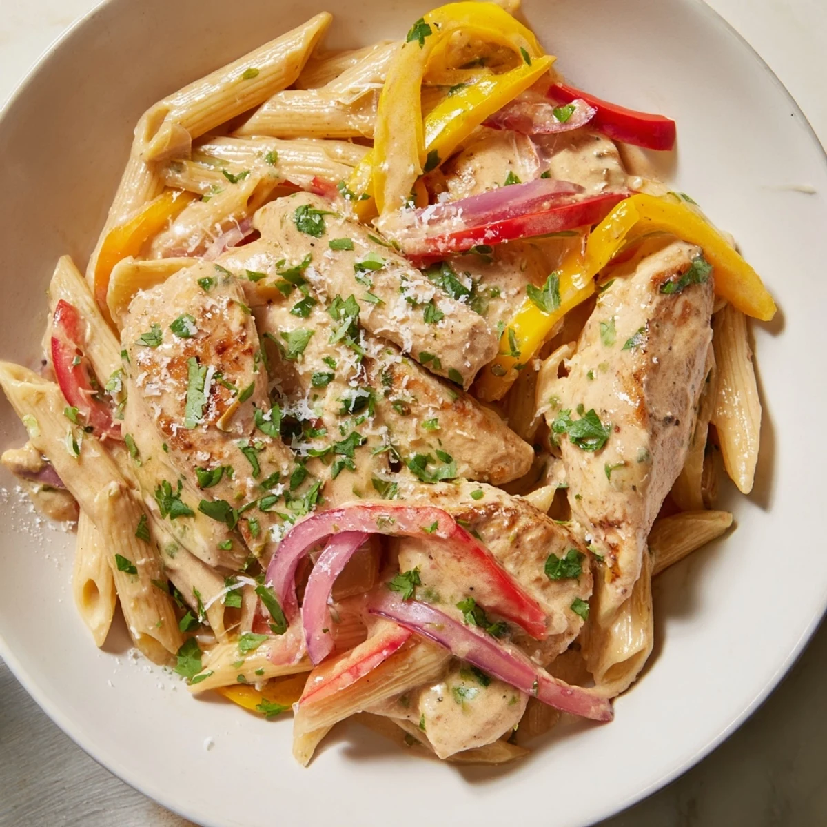 Cajun Chicken Pasta with Peppers in a skillet garnished with parsley, steam rising from the dish.