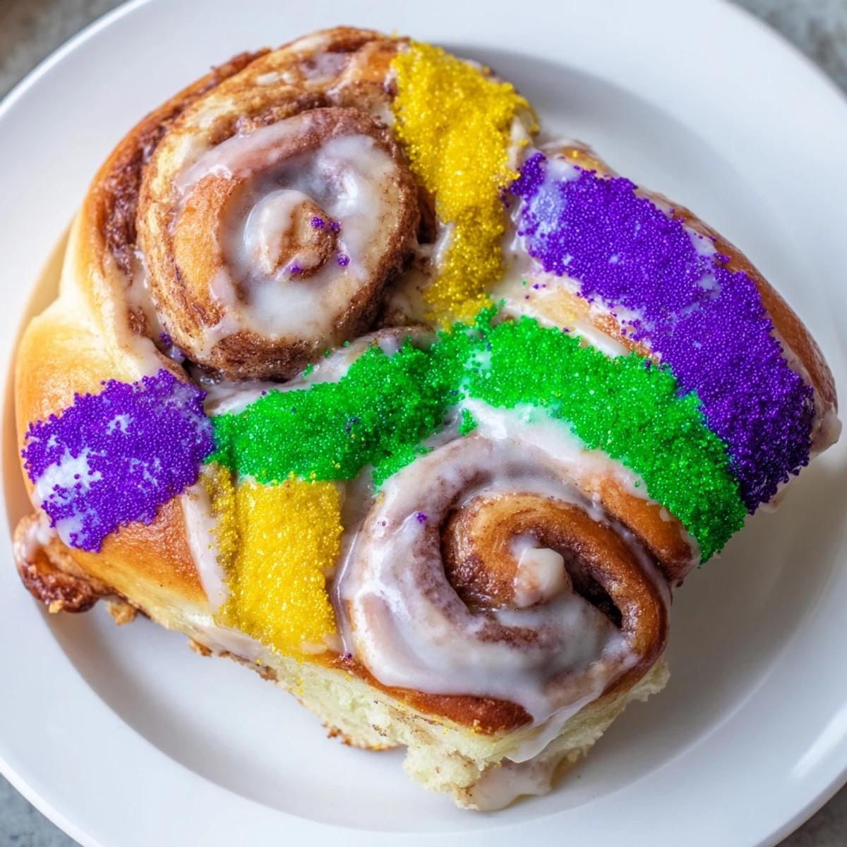 Close-up of Mardi Gras King Cake Bagels with purple, green, and gold sugar, drizzled with sweet glaze on a wooden board.
