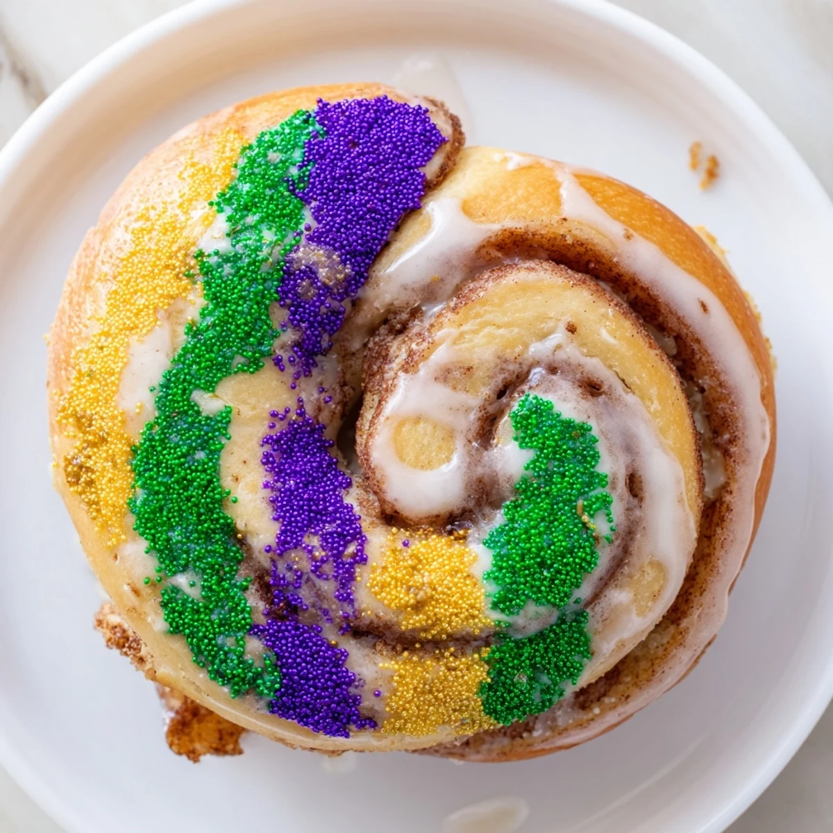 Freshly baked King Cake Bagels on a wire rack, showing cinnamon swirls inside and colorful Mardi Gras icing on top.