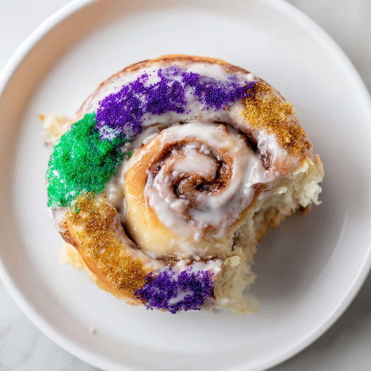 New Orleans-style King Cake Bagels served with coffee for a festive breakfast or brunch spread on a bright morning.