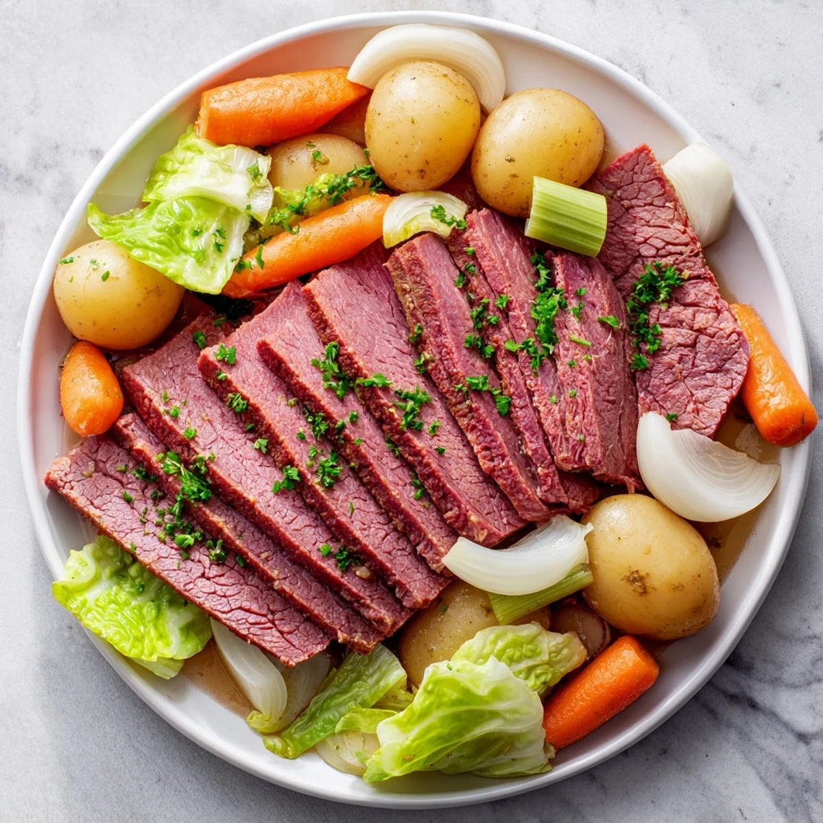 Tender slices of Corned Beef Pot Roast nestled beside glazed carrots and potatoes in a savory broth.