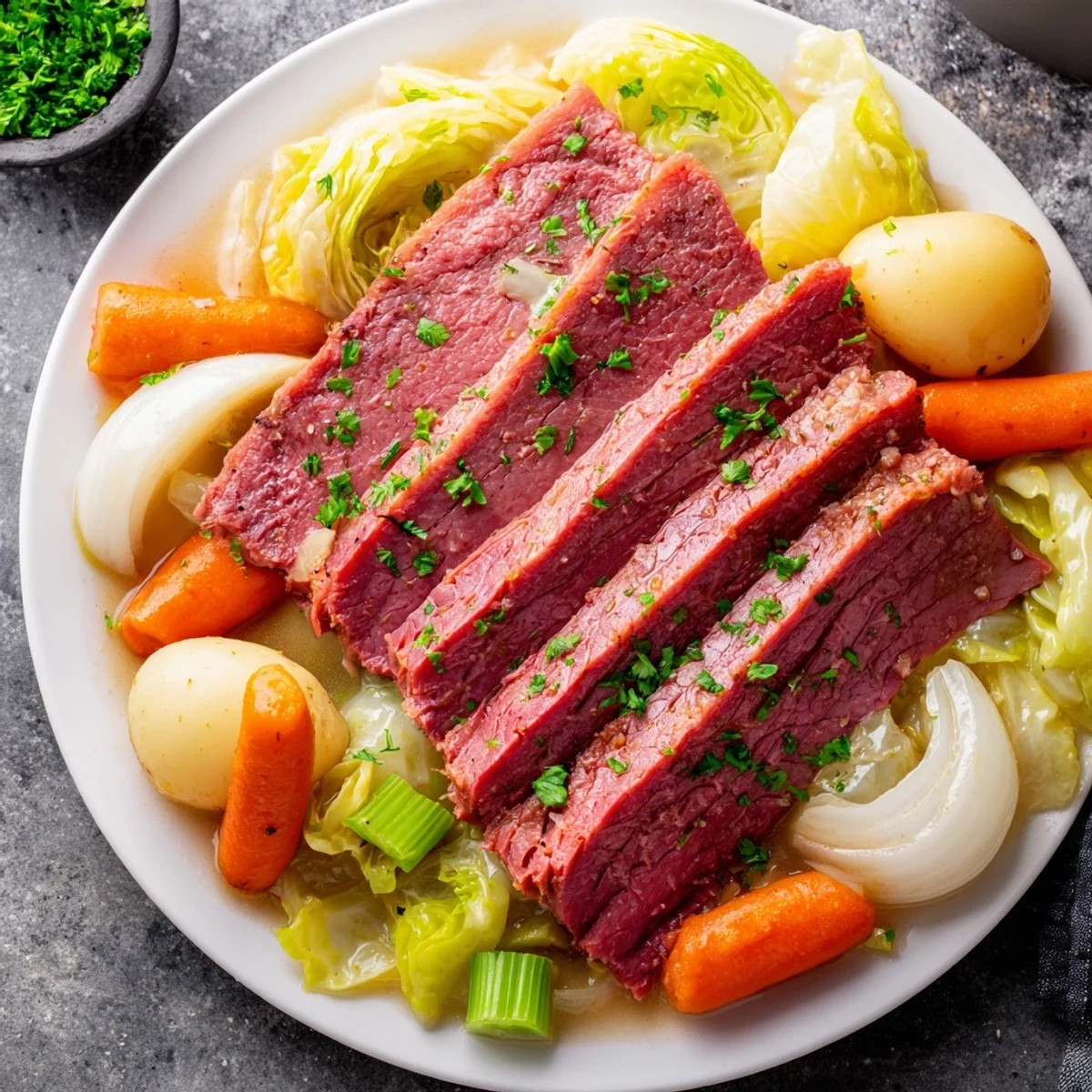 A hearty Corned Beef Pot Roast served with mustard and fresh parsley on a rustic family table.