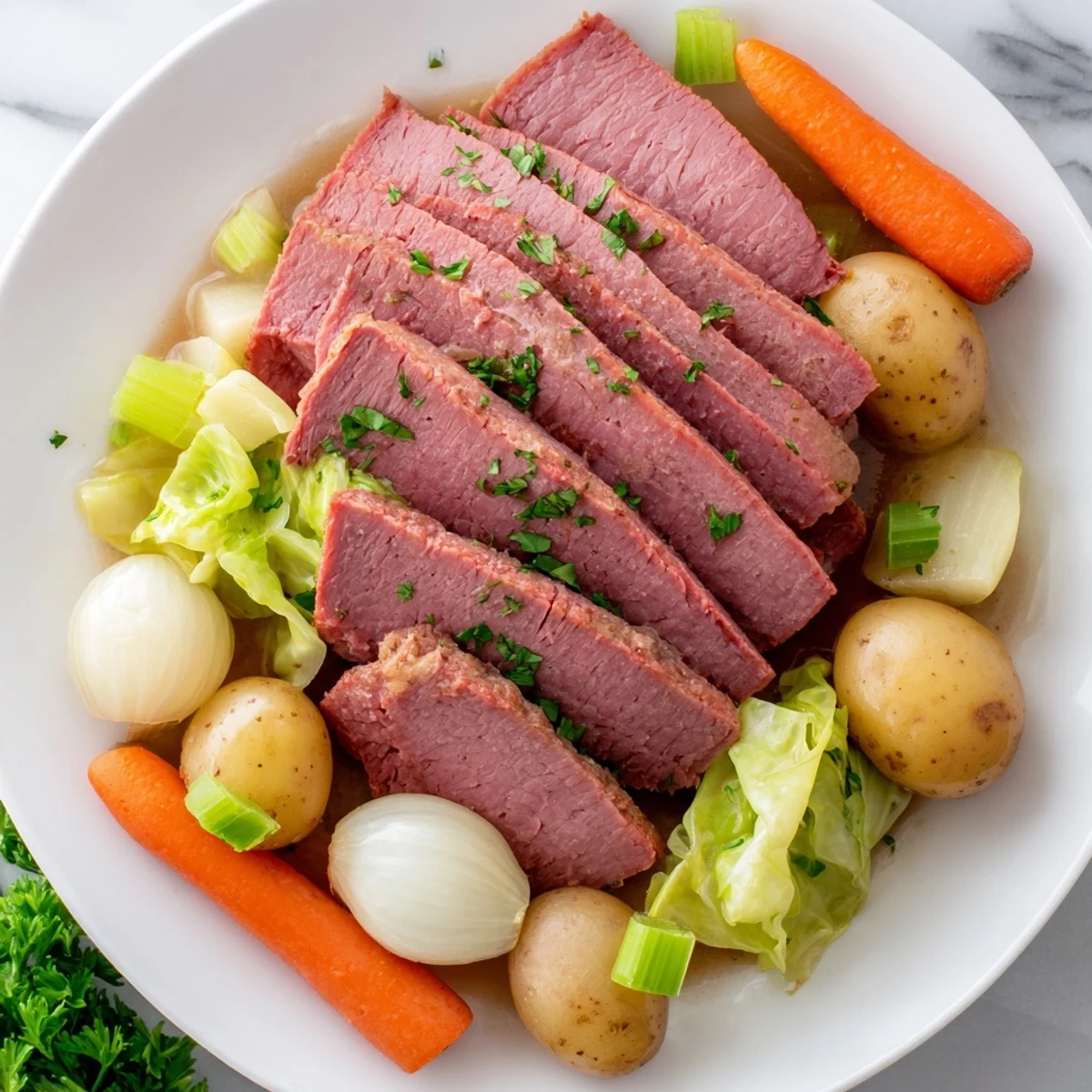 Savory Corned Beef Pot Roast with tender cabbage and vegetables steaming in a deep Dutch oven.