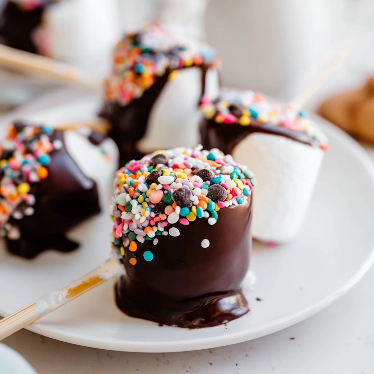 Fluffy white marshmallows coated in glossy dark chocolate and rolled in crushed pistachios, displayed on a festive plate for gifting.