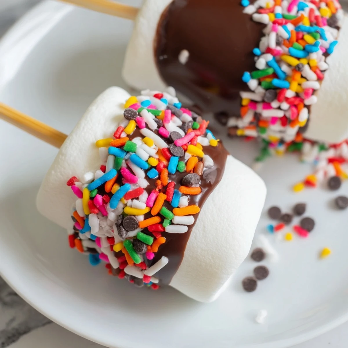 Chocolate dipped marshmallows sprinkled with rainbow toppings and mini chips, arranged on parchment for an easy party dessert treat.