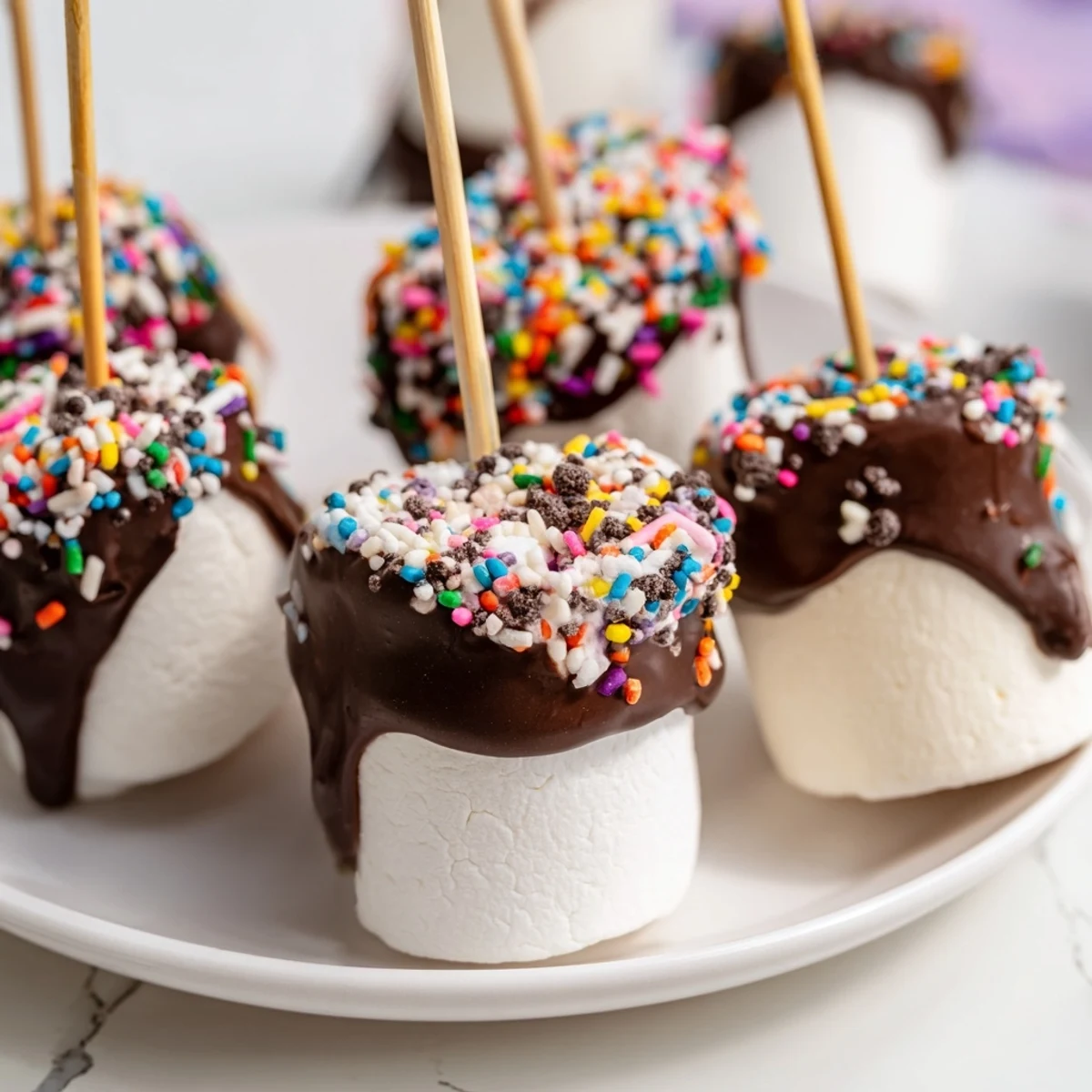 Dark chocolate dipped marshmallows resting on a baking sheet with shredded coconut, ready to set and serve at a gathering.