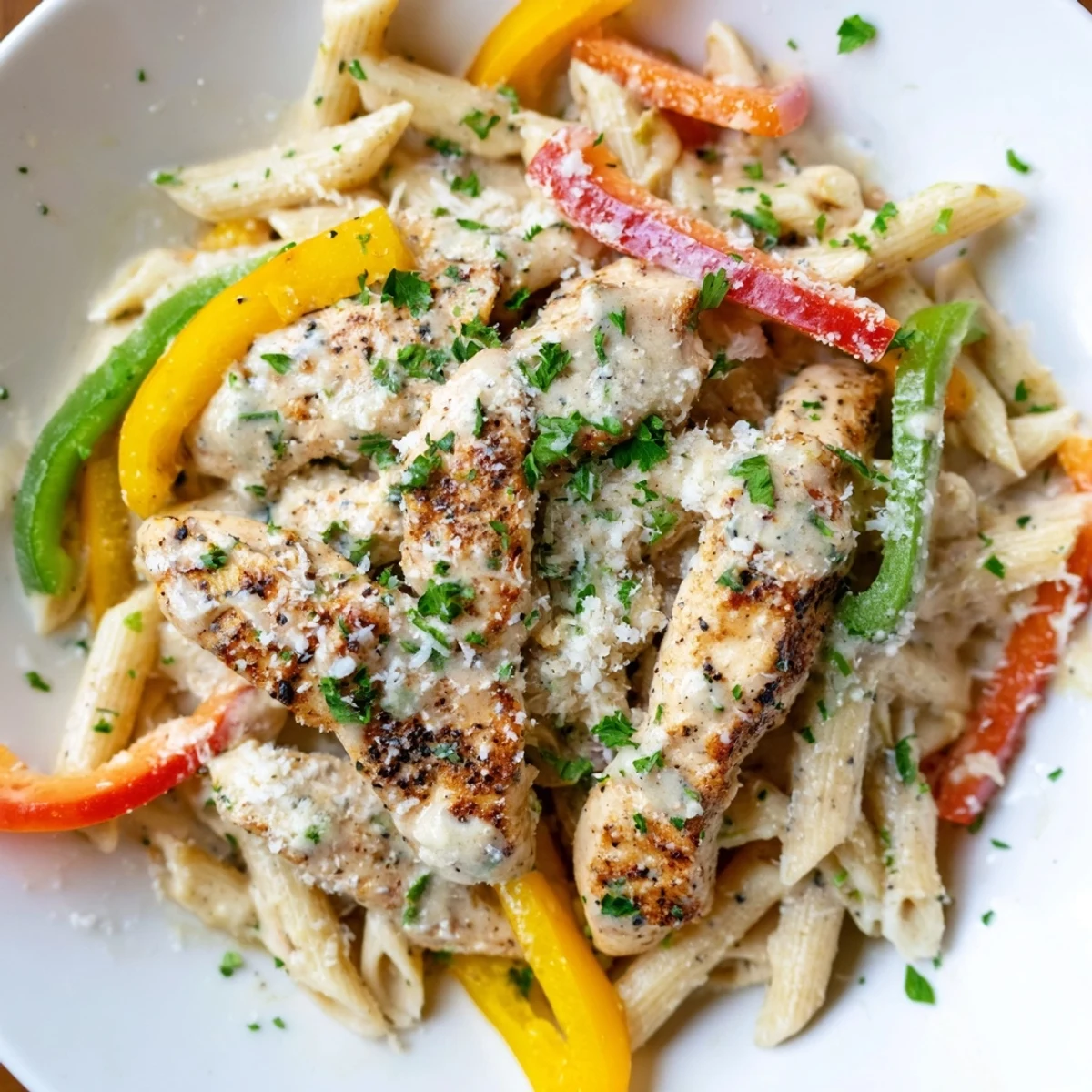Close-up of Cajun Chicken Pasta with Bell Peppers, showing tender chicken strips and colorful peppers in a rich sauce.