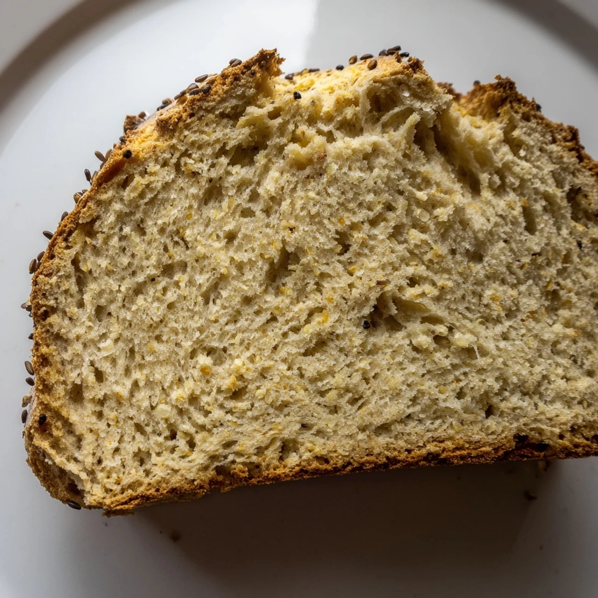 Slices of Irish Soda Bread with Caraway Seeds are served warm beside a bowl of soup on a rustic table.