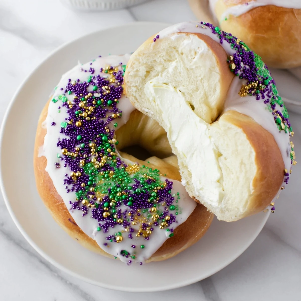 Freshly baked Mardi Gras King Cake Bagels with cream cheese filling, topped with vibrant purple, green, and gold sugars.