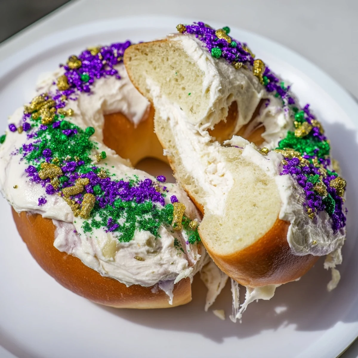 Warm Mardi Gras King Cake Bagels drizzled with icing and sprinkled with festive colored sugars on a wooden board.