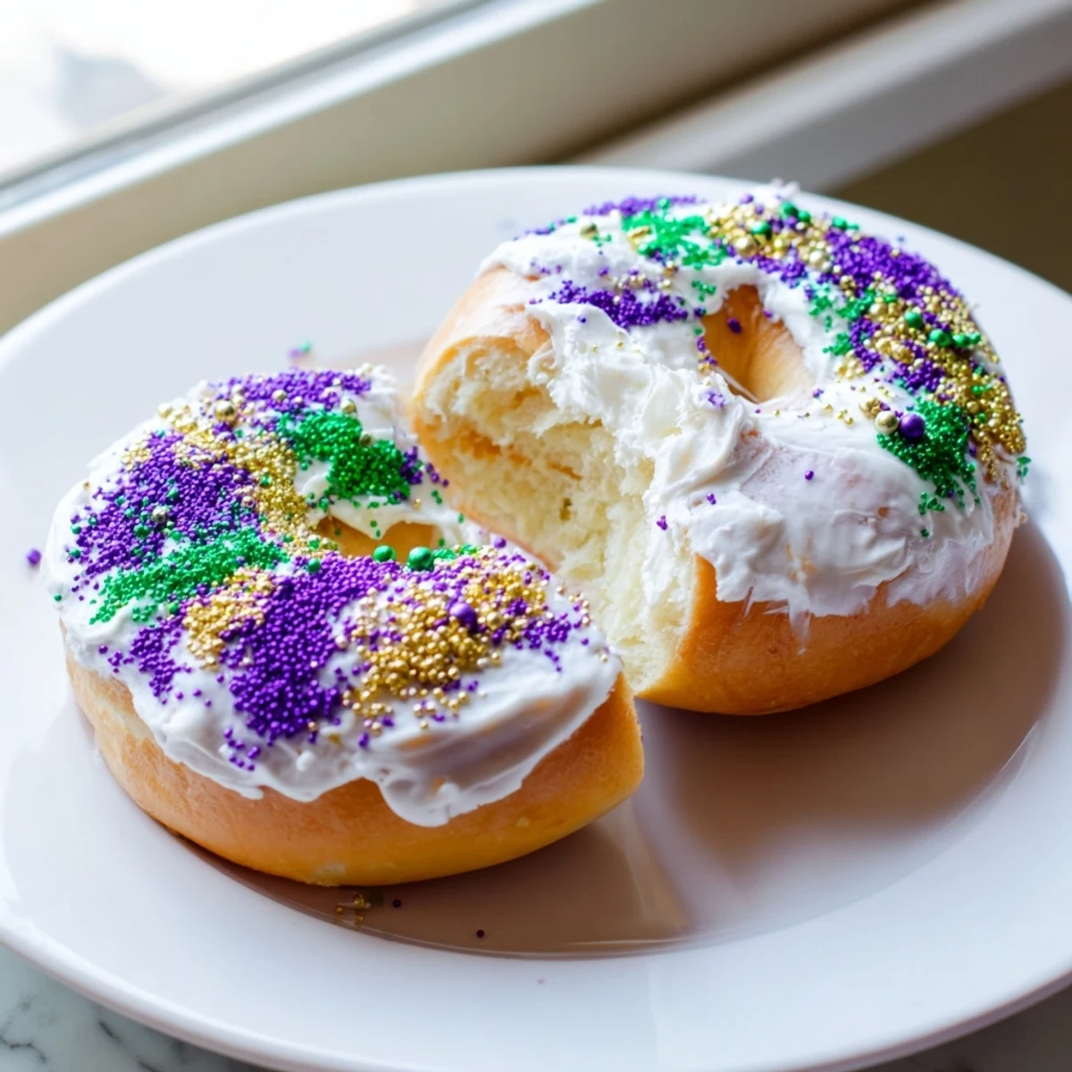 Golden Mardi Gras King Cake Bagels with cream cheese filling and bright colored sugars, perfect for a Mardi Gras brunch.