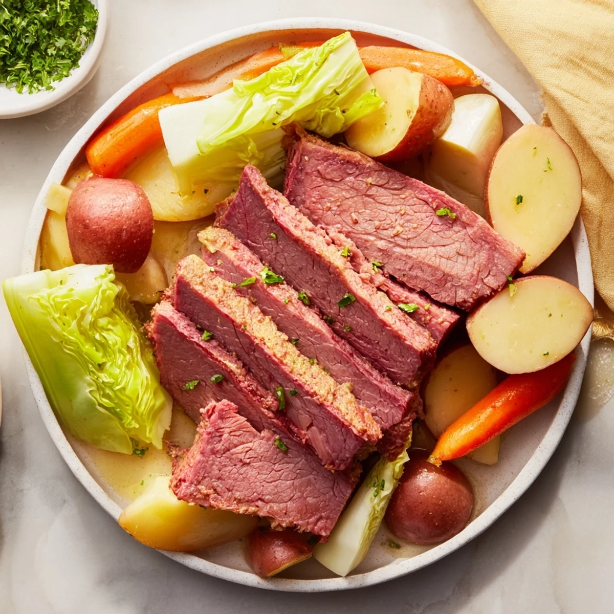 Tender slices of corned beef pot roast with vegetables are plated with carrots and potatoes, ready for a hearty family dinner served with mustard.