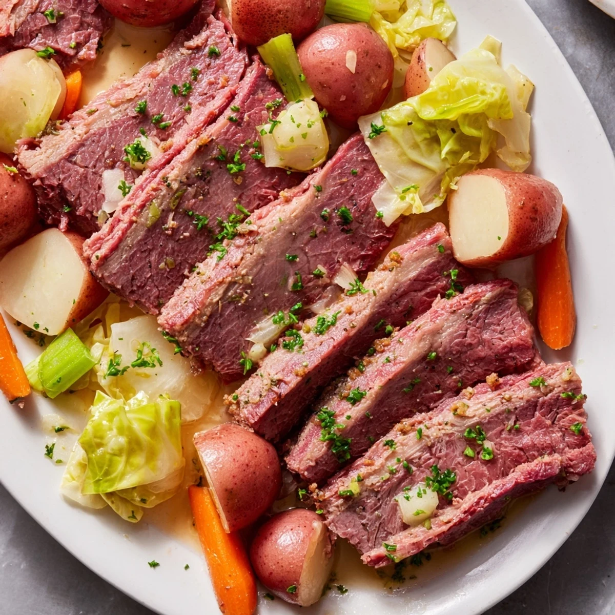 A close-up of corned beef pot roast with vegetables shows fork-tender meat and steam rising from the savory broth and aromatic root vegetables.