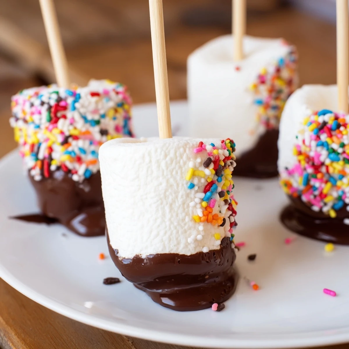 Colorful sprinkles top chocolate dipped marshmallows on a baking sheet for a festive party treat.