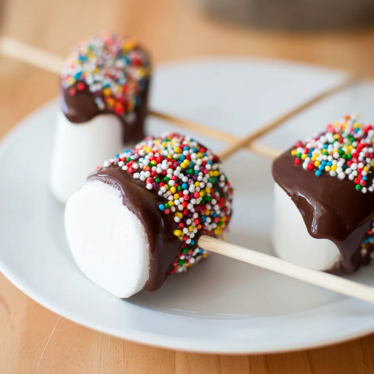 Homemade chocolate dipped marshmallows with sprinkles served on a plate for an easy dessert.