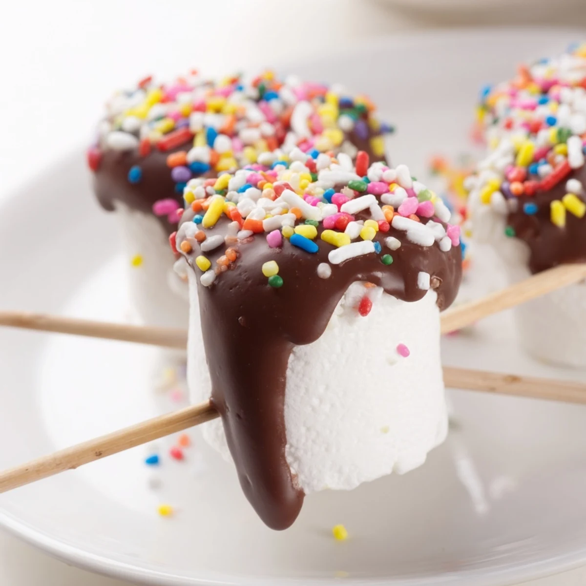 Festive chocolate dipped marshmallows arranged with sticks and sprinkles for sweet party favors.