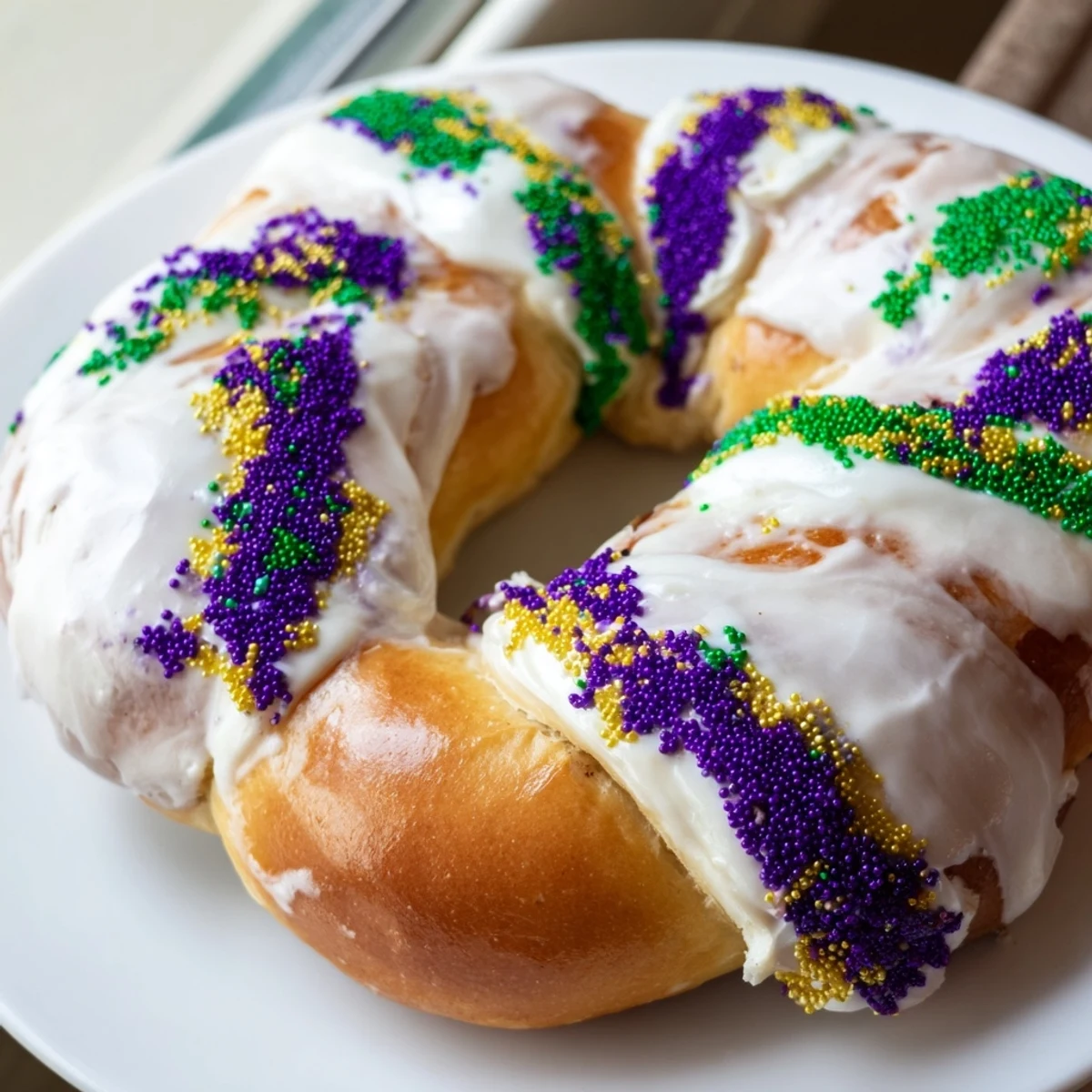 Glazed Mardi Gras King Cake Bagels with cream cheese filling, studded with purple, green, and gold sugar on a ceramic plate.