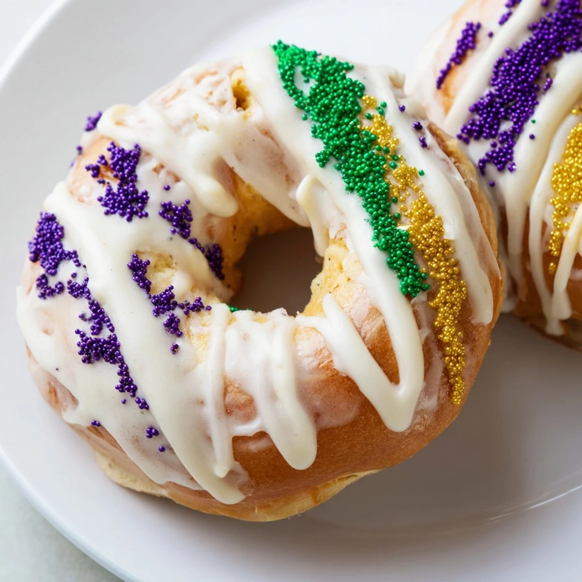 A close-up of Mardi Gras King Cake Bagels showing the sweet cream cheese swirl inside, ready to enjoy at brunch.