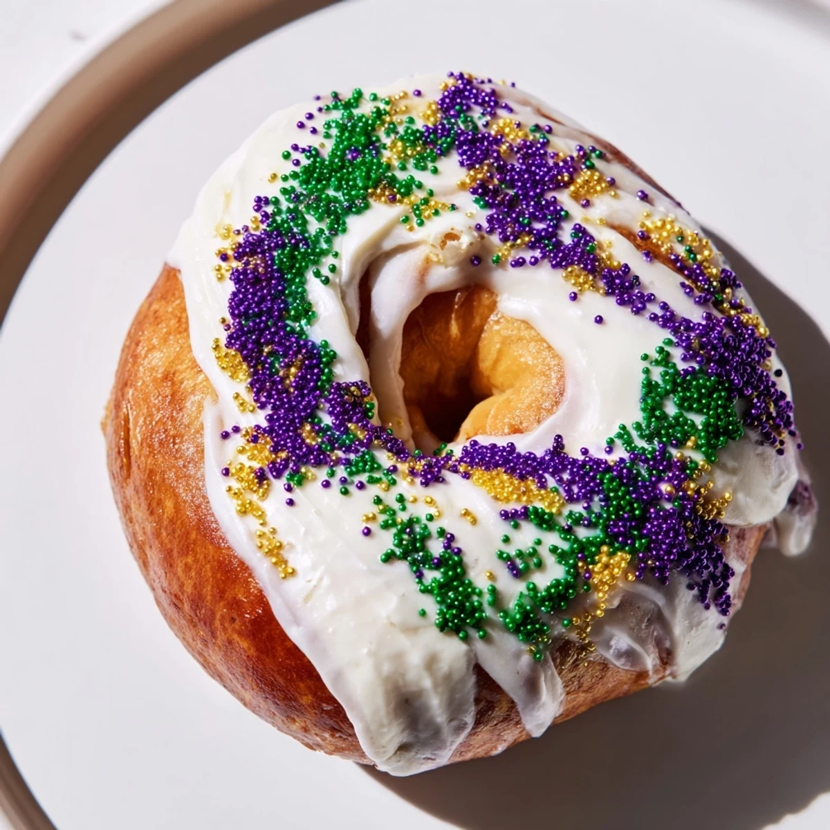 Freshly baked Mardi Gras King Cake Bagels drizzled with white icing and festive colored sugars, served beside a warm café au lait.