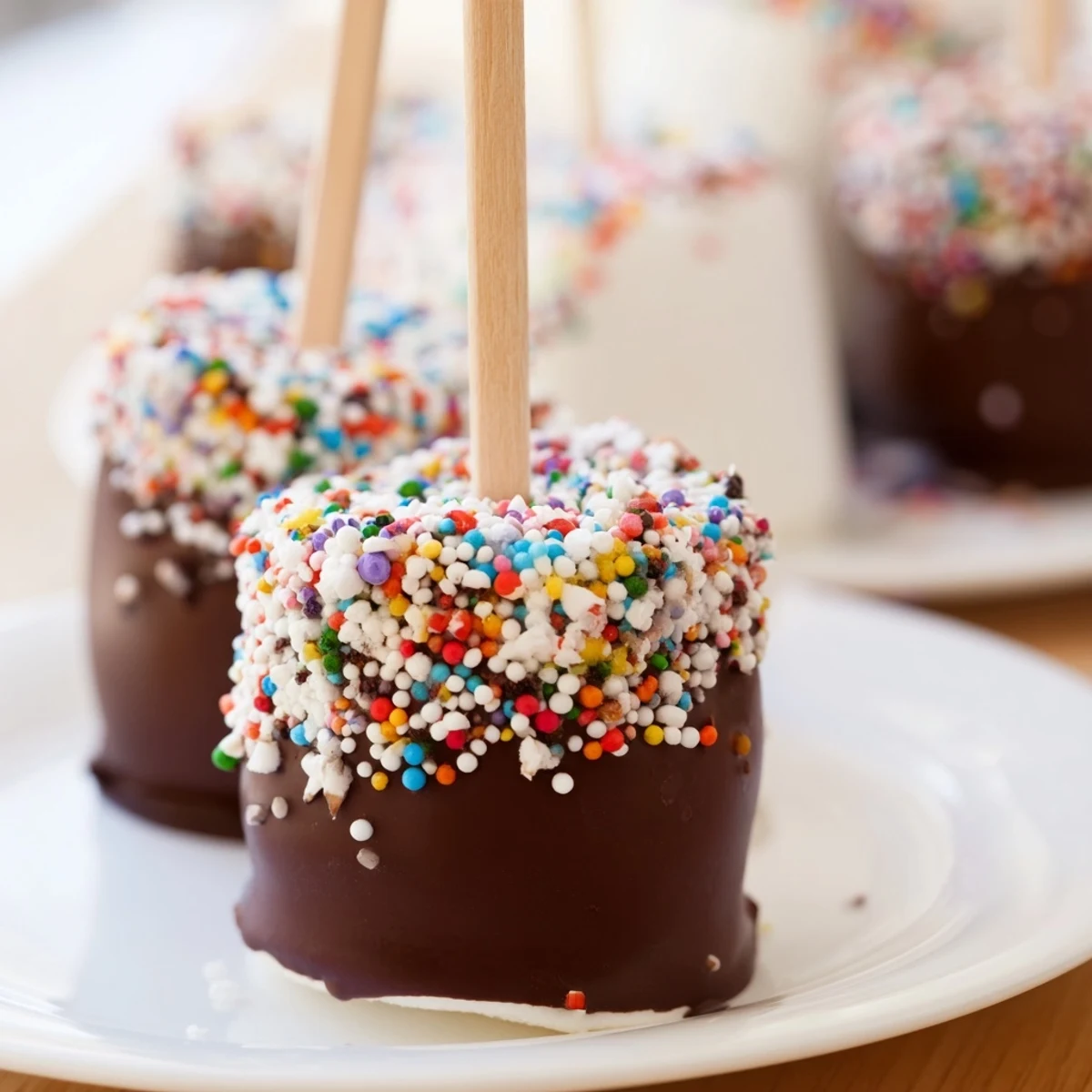 Fluffy marshmallows on sticks dipped in rich melted chocolate with colorful sprinkles, a perfect party dessert treat.