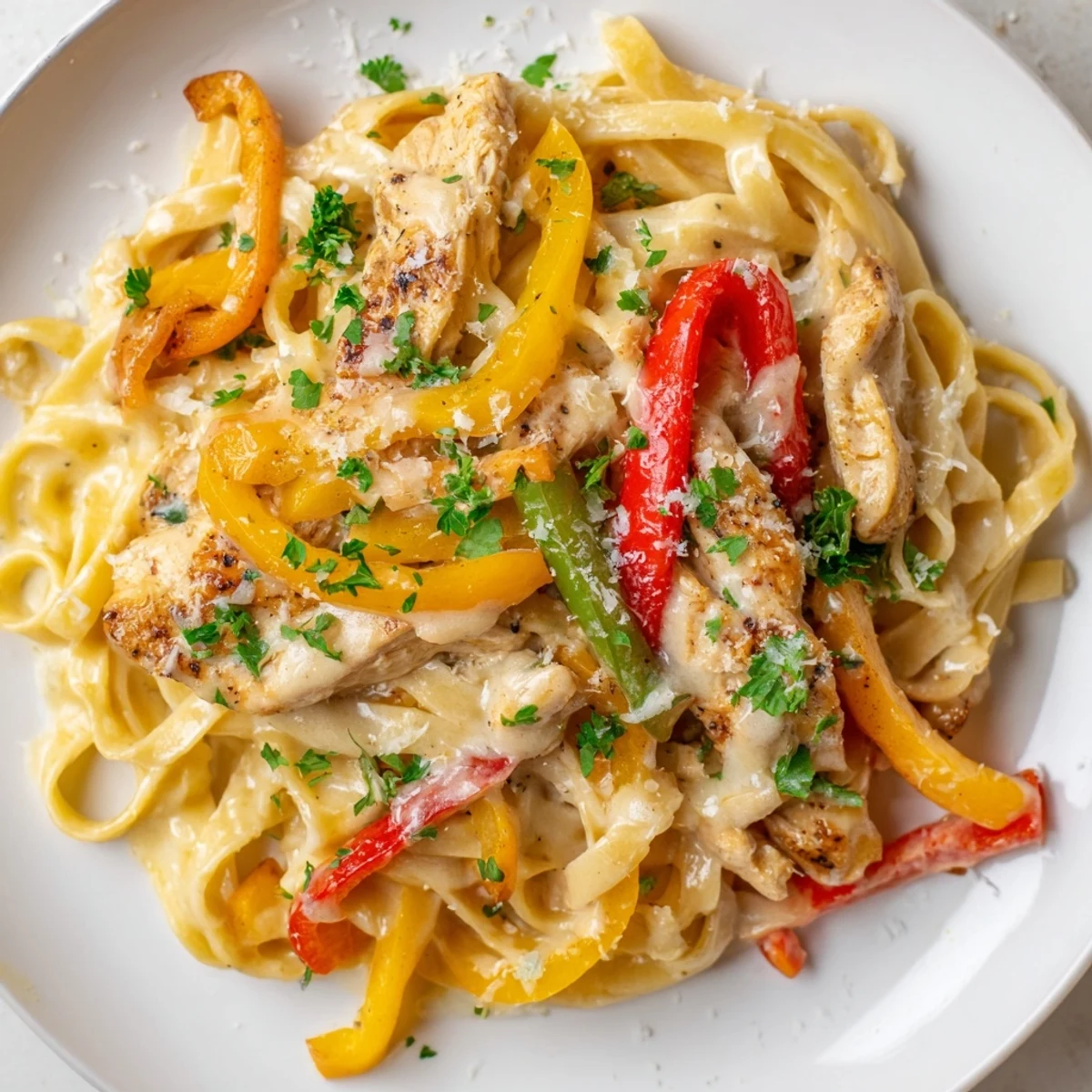 Creamy Cajun Chicken Pasta with Bell Peppers in a skillet, garnished with parsley.