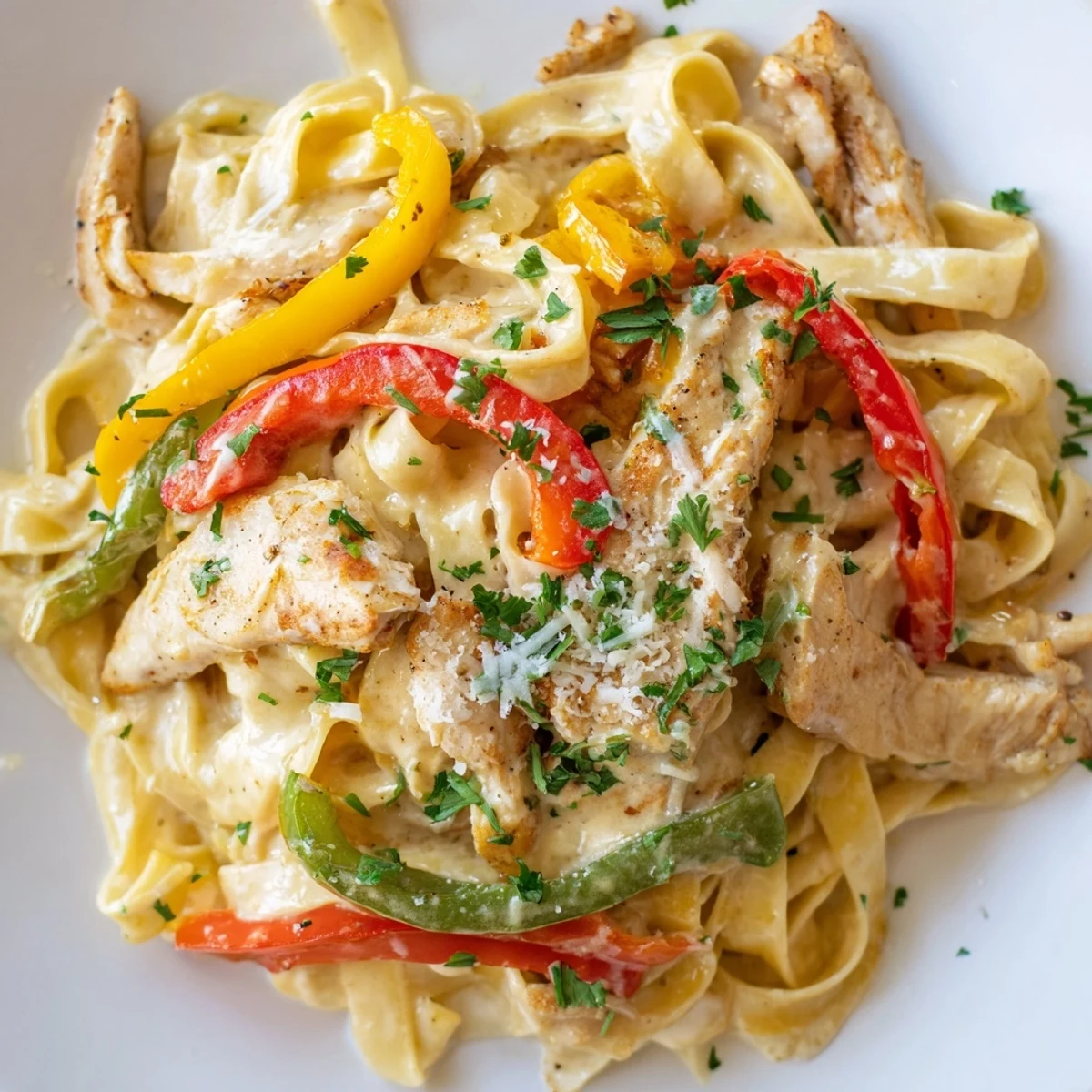 A close-up of Cajun Chicken Pasta with Bell Peppers, highlighting sautéed vegetables and creamy sauce.