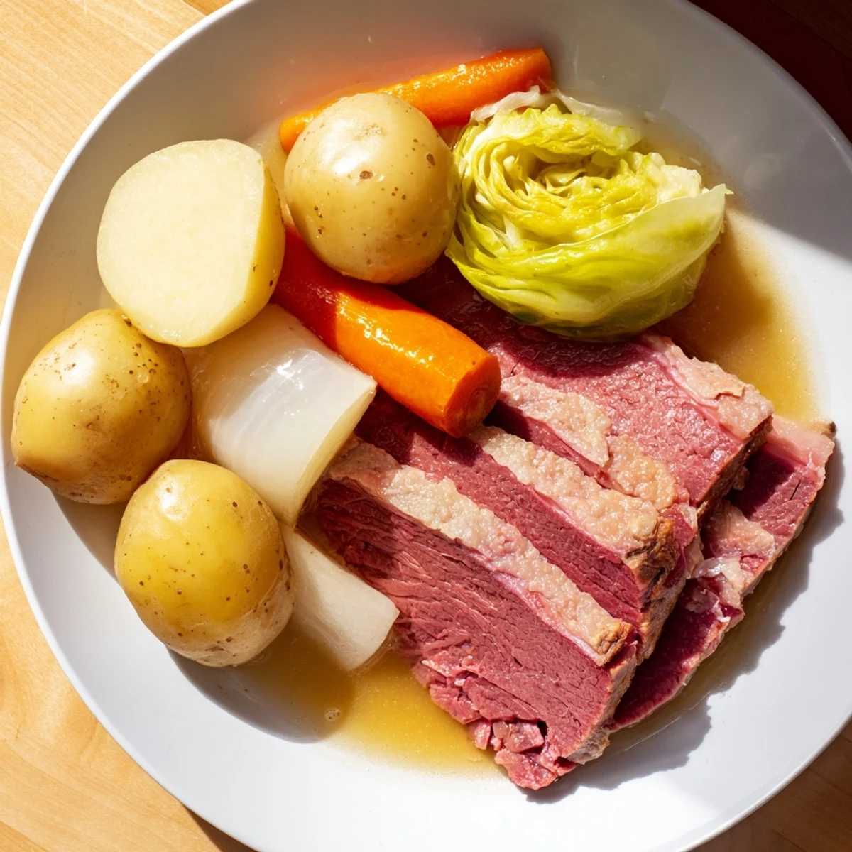 Corned beef pot roast with vegetables, featuring tender brisket and root veggies in a savory broth.