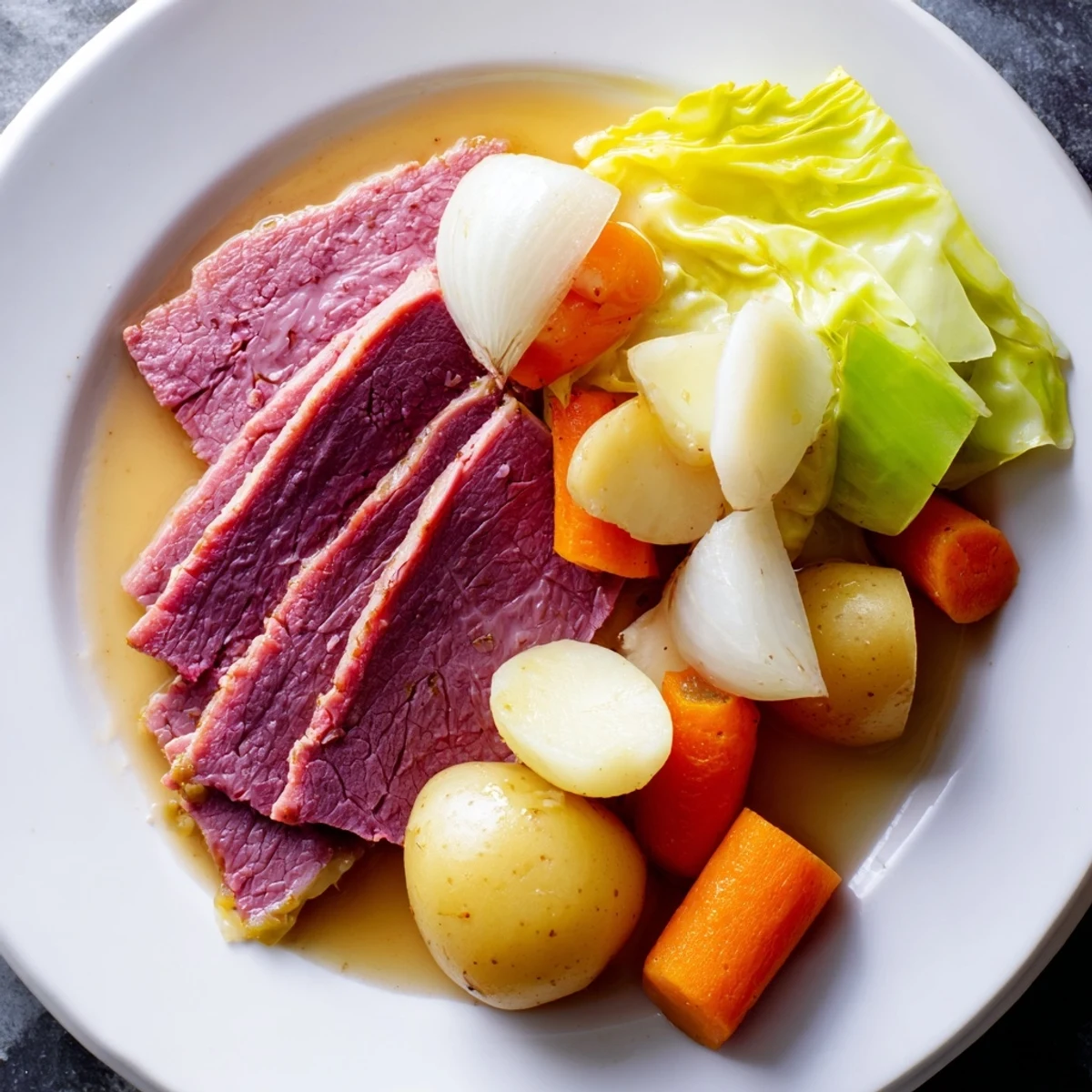 Sliced corned beef pot roast with vegetables plated, ready for a hearty family dinner tonight.