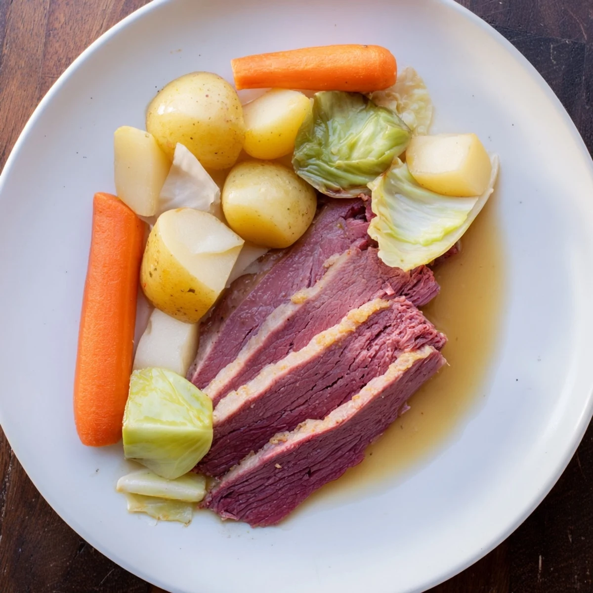 Golden-brown corned beef pot roast with vegetables, served with mustard and a splash of broth.