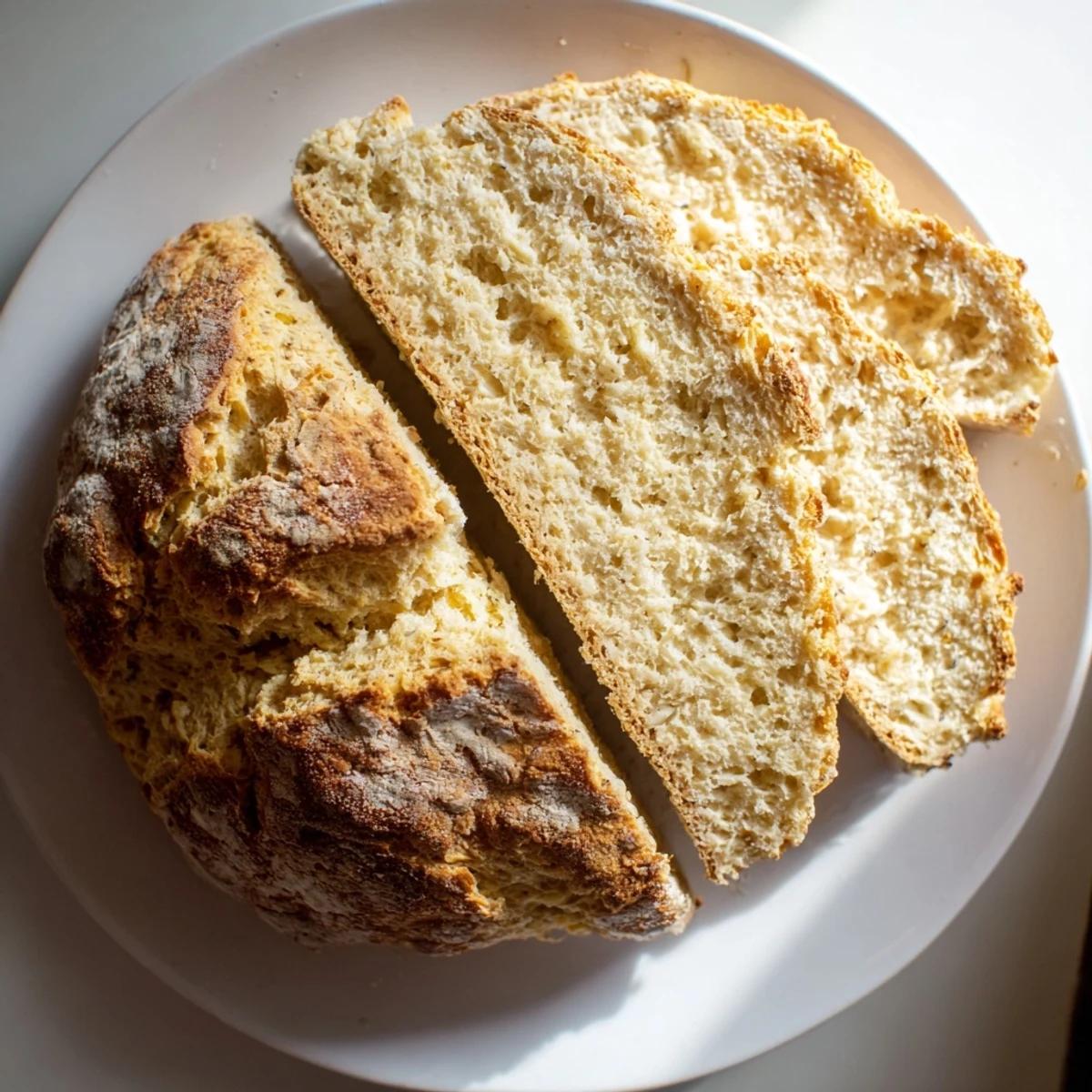 A rustic, freshly baked loaf of Irish Soda Bread with Caraway Seeds is sliced to reveal its soft interior, perfect with butter. 