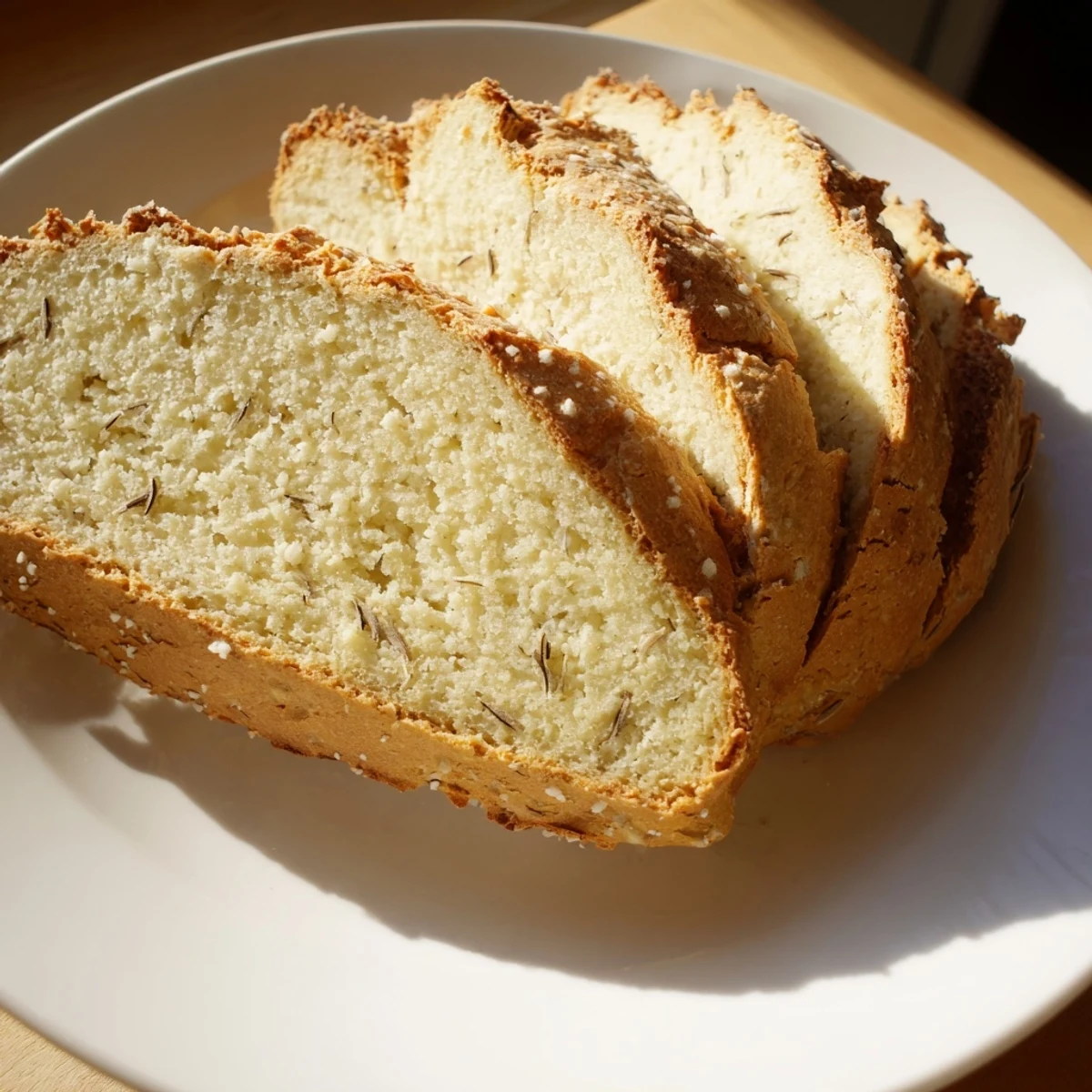 Warm Irish Soda Bread with Caraway Seeds sits on a wooden board, ready to be enjoyed with steaming tea and rich soup.