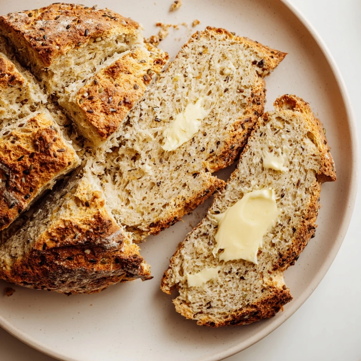Golden-brown Irish Soda Bread with Caraway on a baking sheet, cut with a deep X and brushed with melted butter.